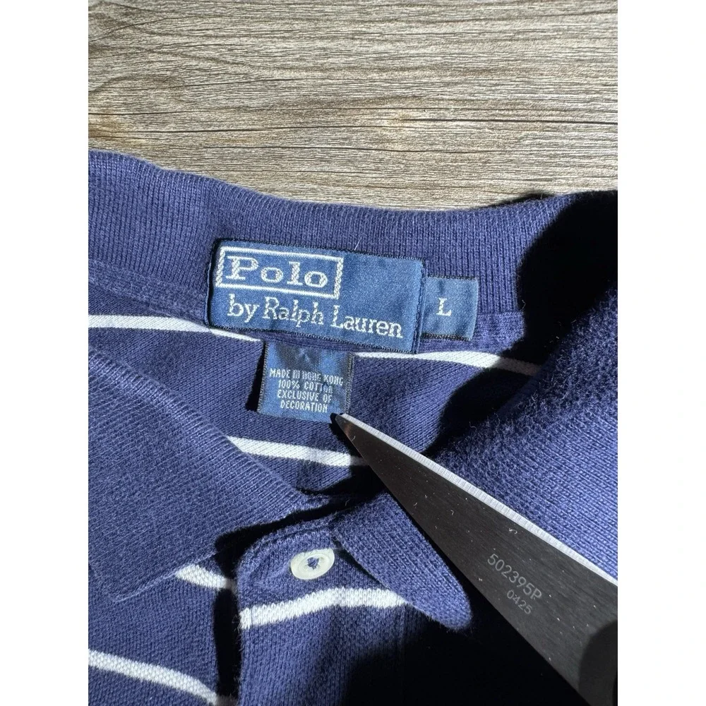 Polo Ralph Lauren Men's L Navy Blue Striped Polo Shirt Short Sleeve Classic Fit